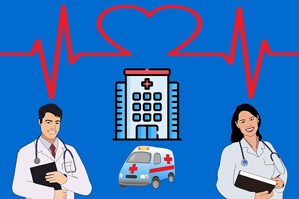 Zwei Personen mit medizinischer Kleidung dazwischen ein Krankenhaus.